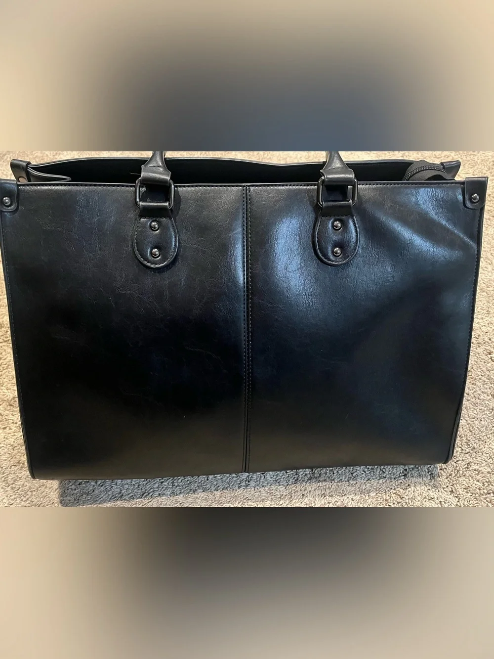 Sleek Black Leather Laptop Tote - Professional Work Bag